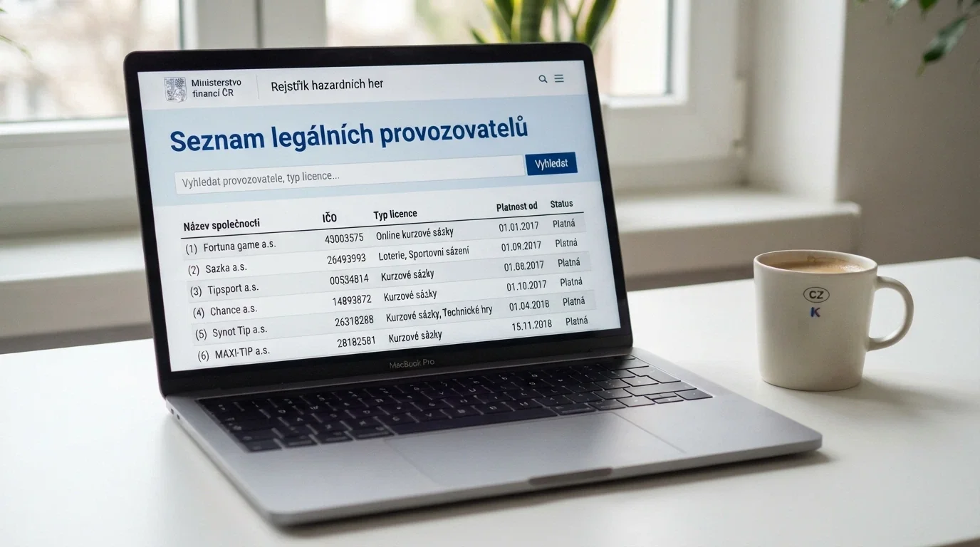 Obrazovka s webovou stránkou Ministerstva financí ČR — otevřený Seznam legálních provozovatelů hazardních her