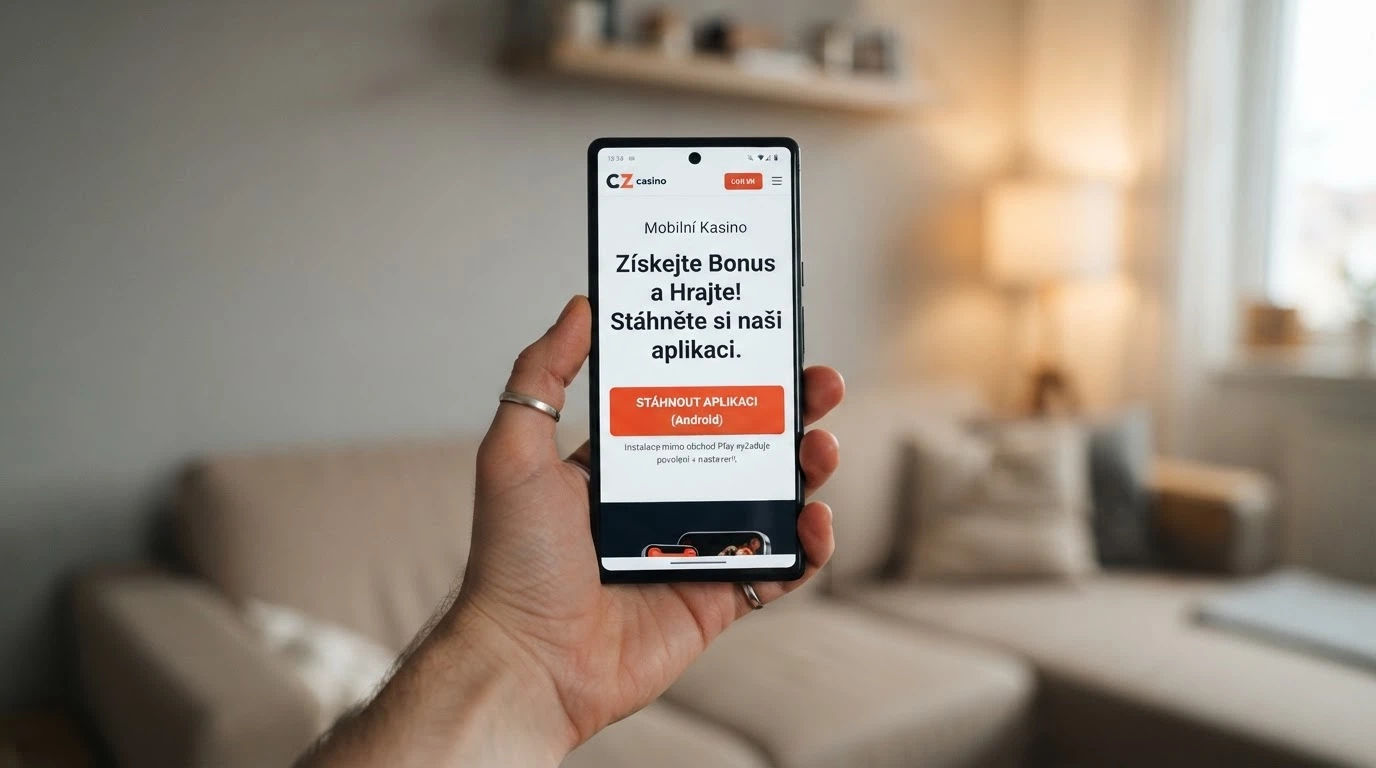 Mobilní telefon s otevřenou stránkou kasina a tlačítkem ke stažení APK souboru