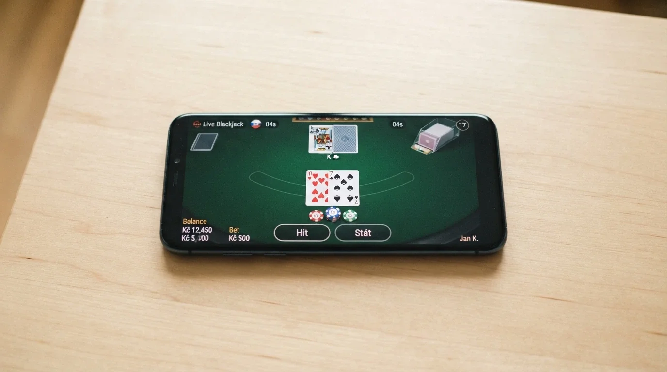 Displej chytrého telefonu s rozepsanou hrou živého blackjacku — na obrazovce karty, žetony a tlačítka hit/stand v češtině