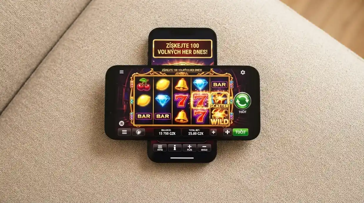 Mobilní telefon s otevřenou casino aplikací a nabídkou volných otoček
