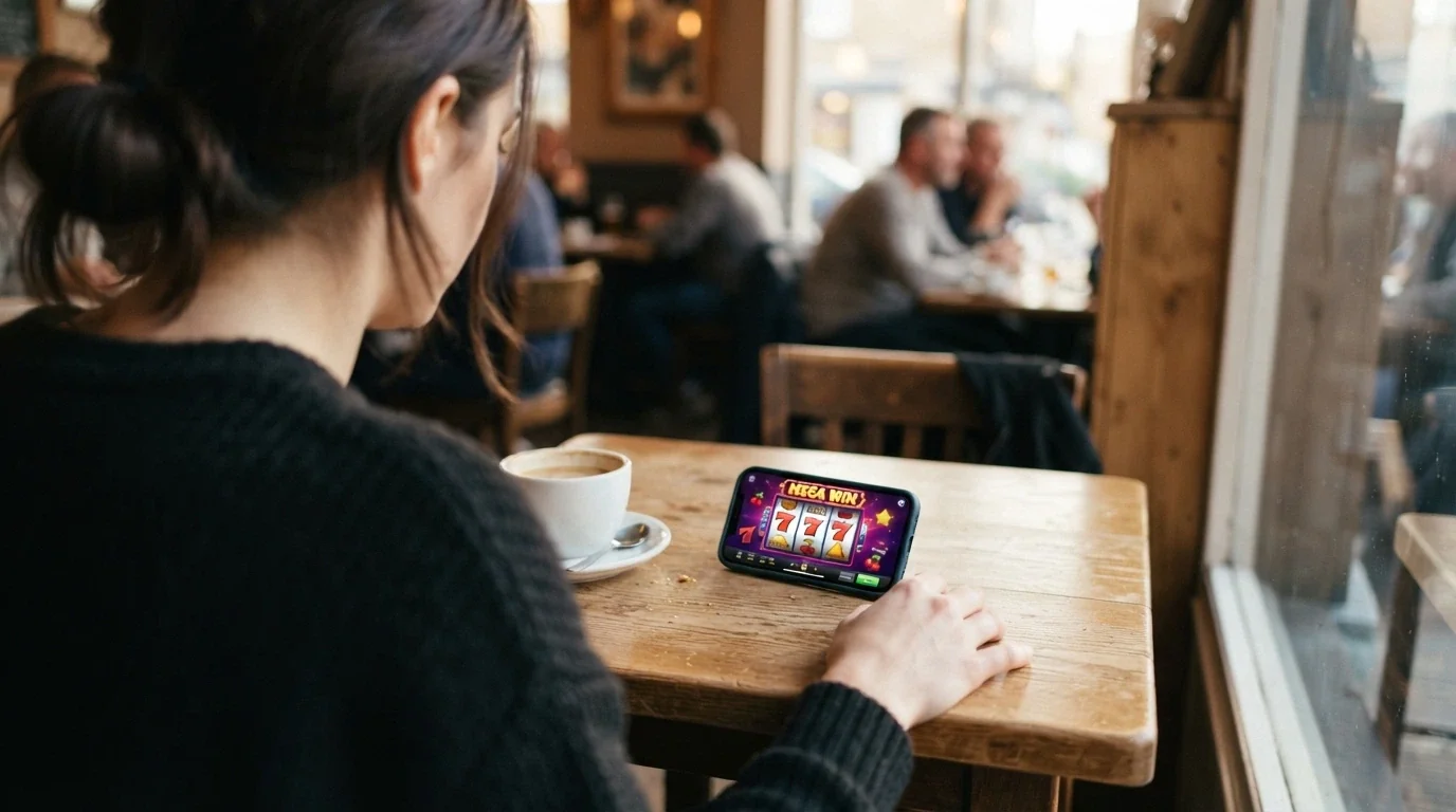 Mobilní telefon s otevřenou casino aplikací a roztočenými válci automatu na displeji