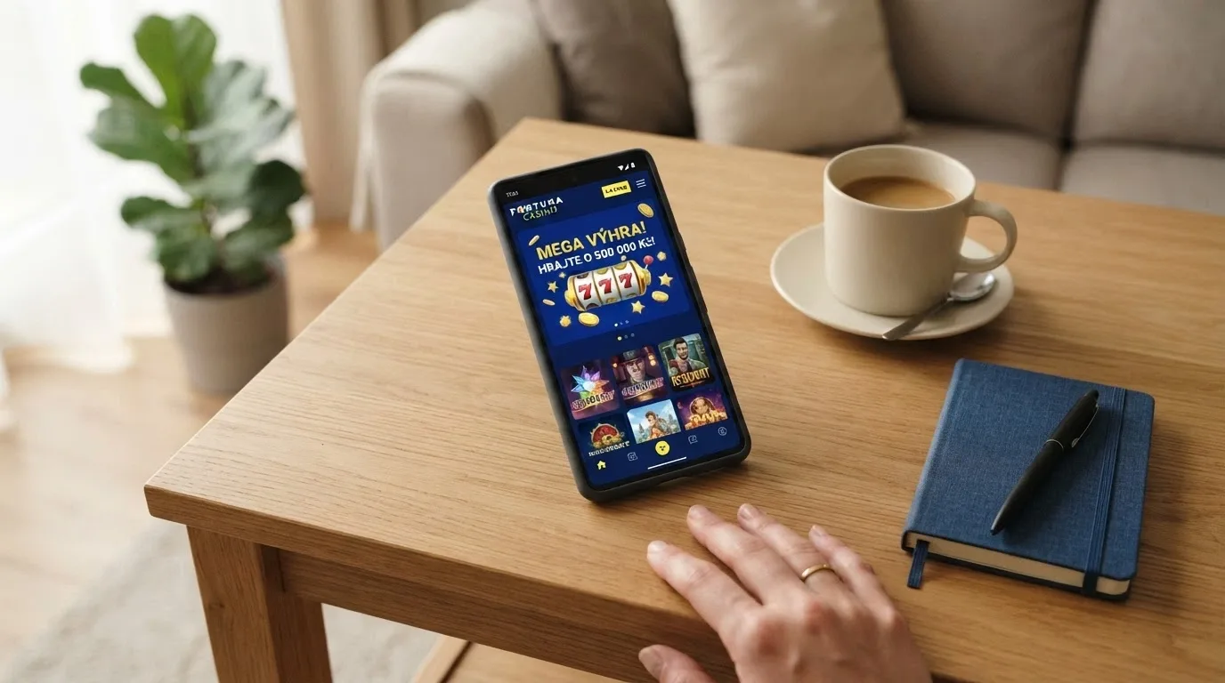 Ruka držící telefon s otevřenou casino aplikací, na displeji banner s nabídkou volných otoček