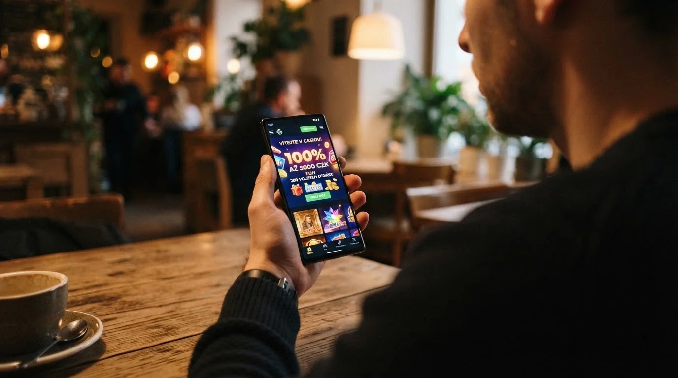 Hráč držící telefon a porovnávající dvě kasina na displeji, výraz soustředěného rozhodování
