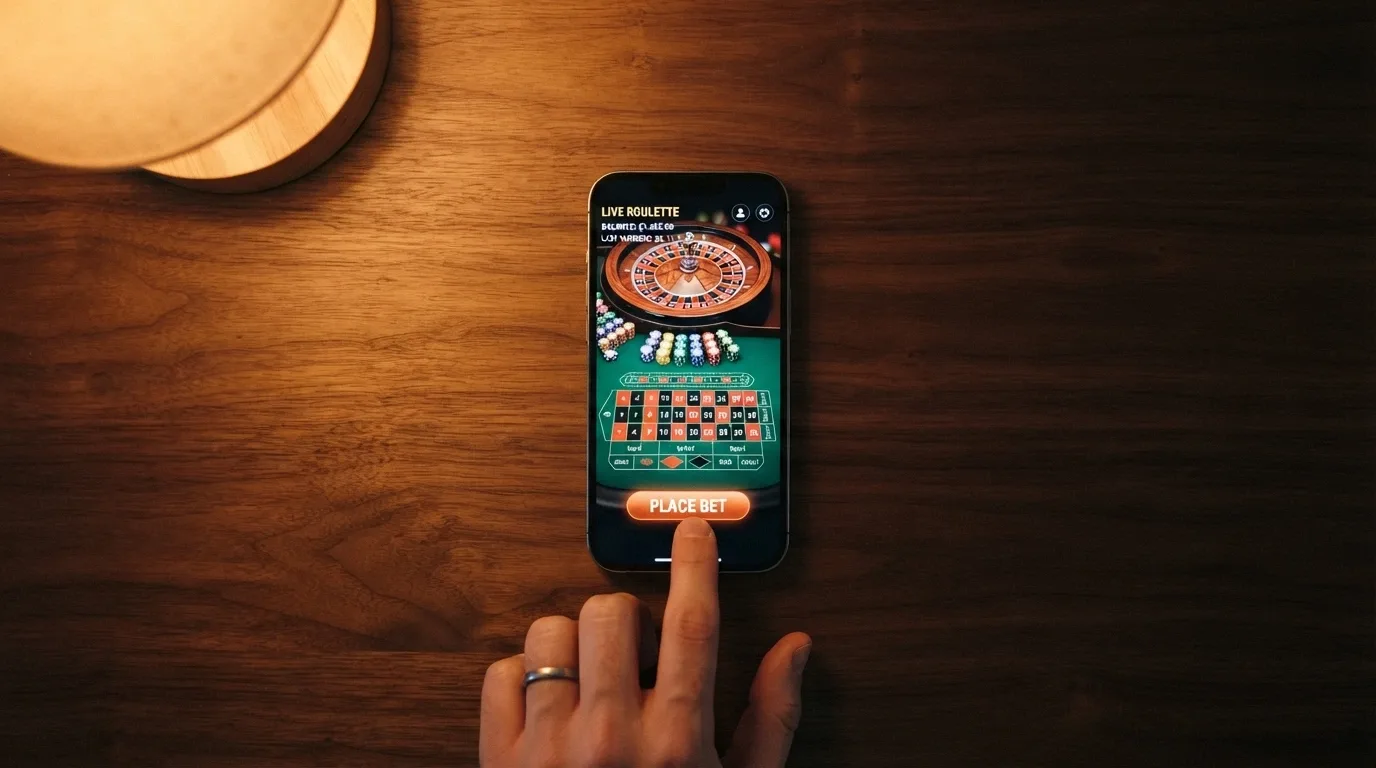 Chytrý telefon zobrazující rozhraní live casina s živým streamem rulety, palec nad tlačítkem sázky