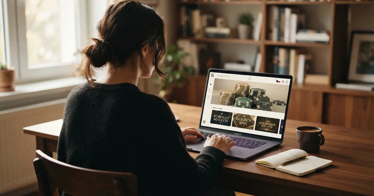 Hráč u počítače si prohlíží seznam zahraničních online casin s bonusy bez vkladu, na obrazovce vidět české koruny a symboly licence