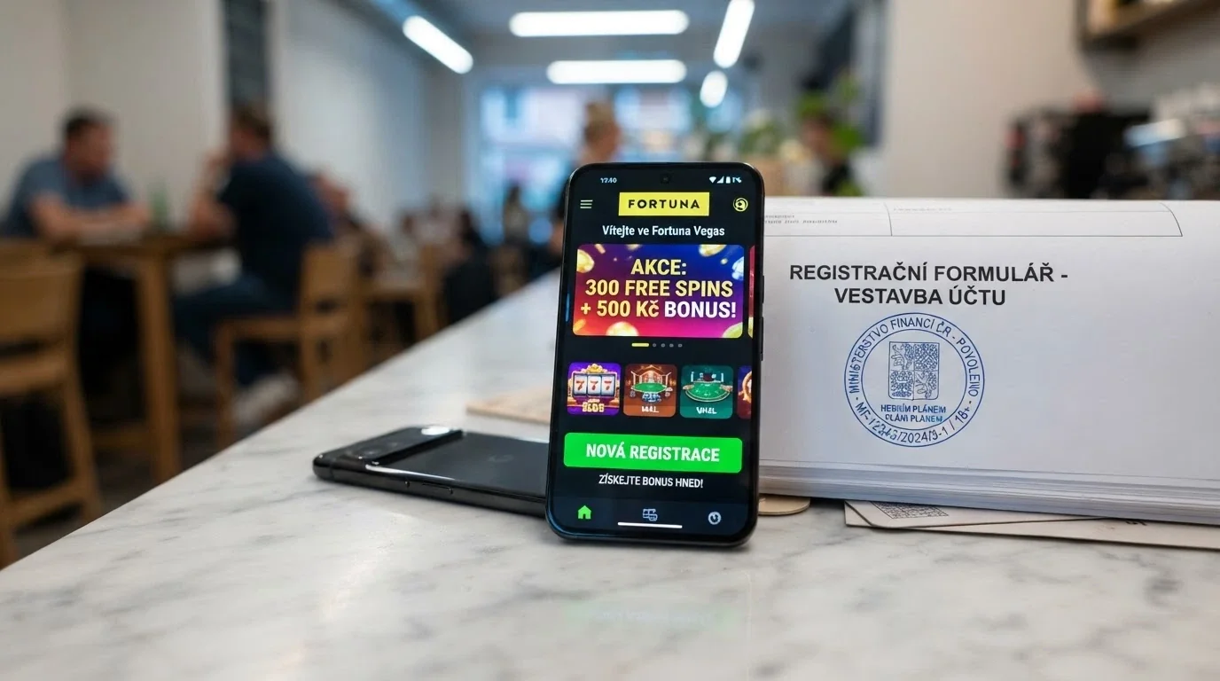 Moderní design mobilní casino aplikace s nápisem „Nová registrace — získejte bonus“, v pozadí logo MF ČR