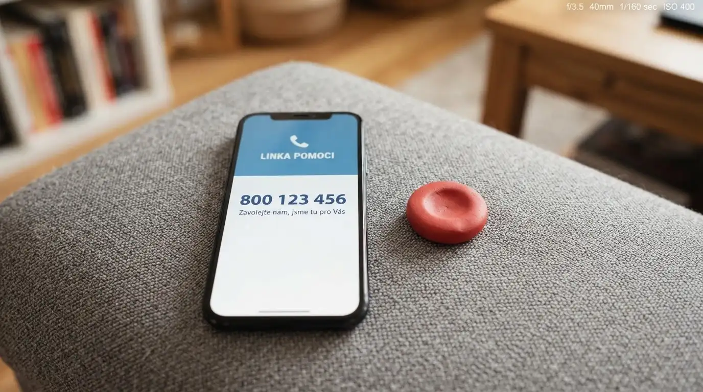 Číslo linky pomoci Naberte kurz na displeji telefonu, vedle ikona panic buttonu a graf znázorňující 59 miliard Kč ztrát