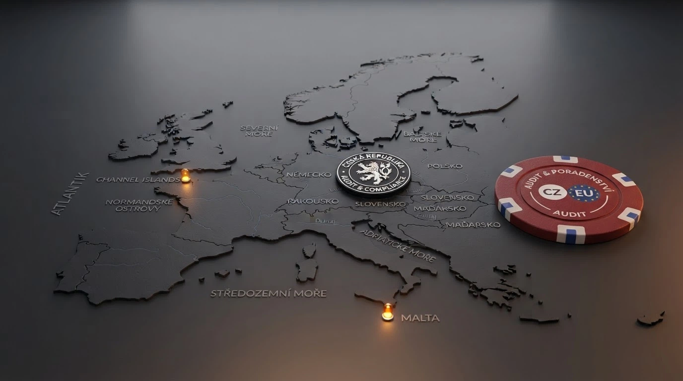 Mapa Evropy s vyznačenými jurisdikcemi Anjouan a Curaçao, vedle česká vlajka a razítko MF ČR