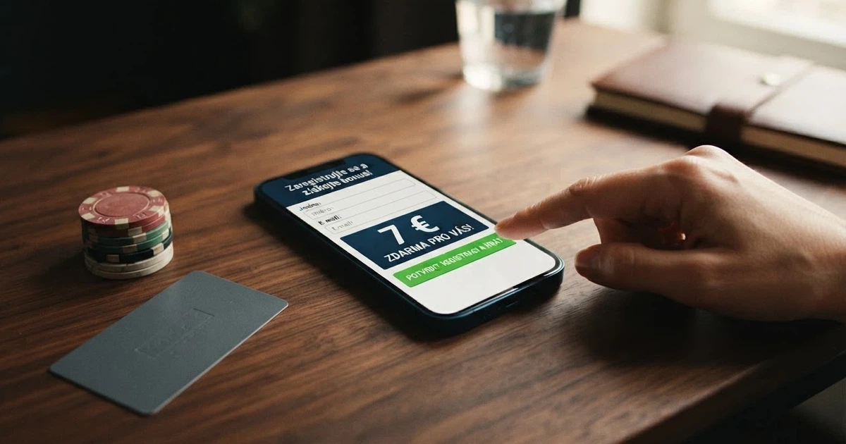 Mobilní telefon s registračním formulářem online casina a nabídkou bonusu 7€ bez vkladu