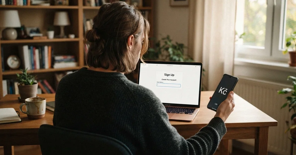 Hráč u notebooku s mobilem v ruce, na obrazovce registrační formulář českého online casina s viditelným logem Bank iD, na stole šálek kávy, měkké denní světlo