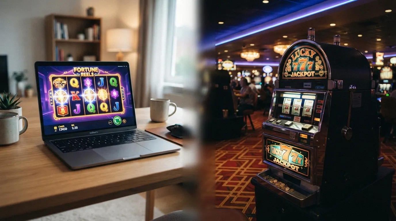 Rozdělený obraz: vlevo online slot na notebooku, vpravo mechanický automat v kamenné herně