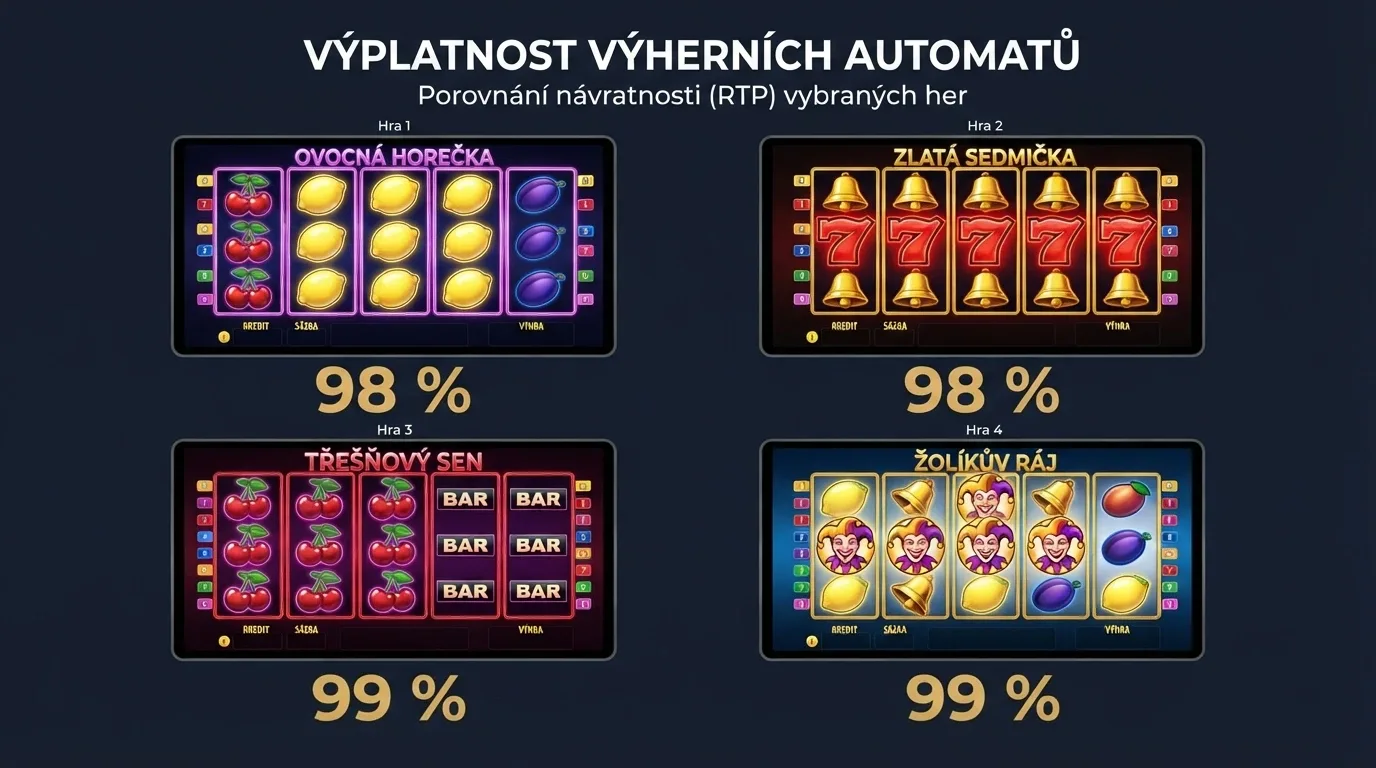 Koláž obrazovek čtyř klasických automatů — Respin Joker 81, Turbo Slots 27, Happy Nuts 81 — s viditelnými RTP hodnotami