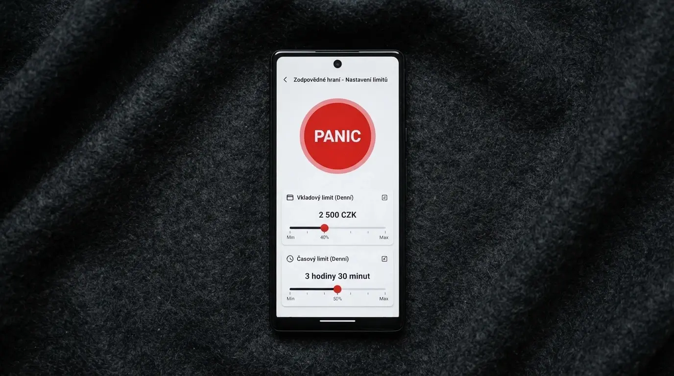 Rozhraní mobilního kasina s výrazným tlačítkem Panic Button a nastavením sebeomezujících limitů