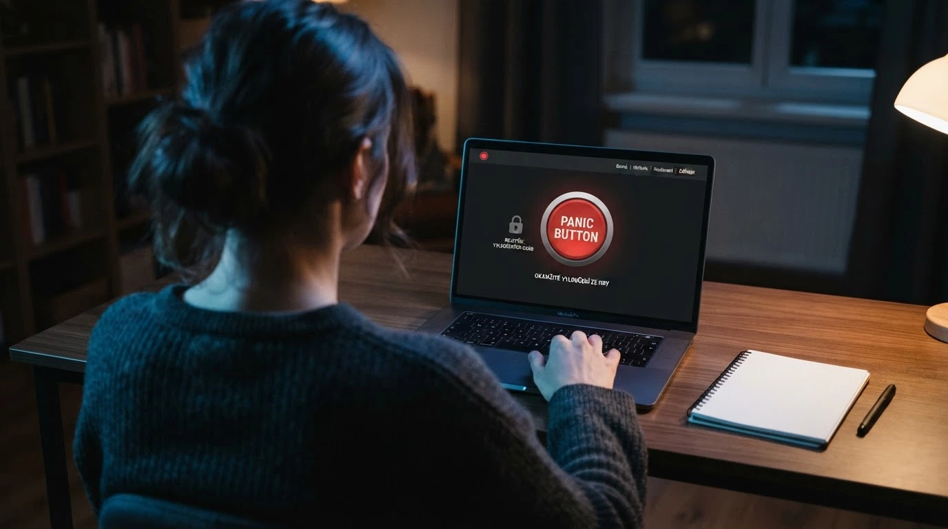 Červené tlačítko s nápisem Panic Button na obrazovce, vedle něj ikona zámku symbolizující RVO