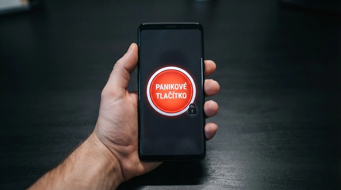Tlačítko s nápisem Panic Button na displeji, vedle něj ikona zámku symbolizující zablokování přístupu