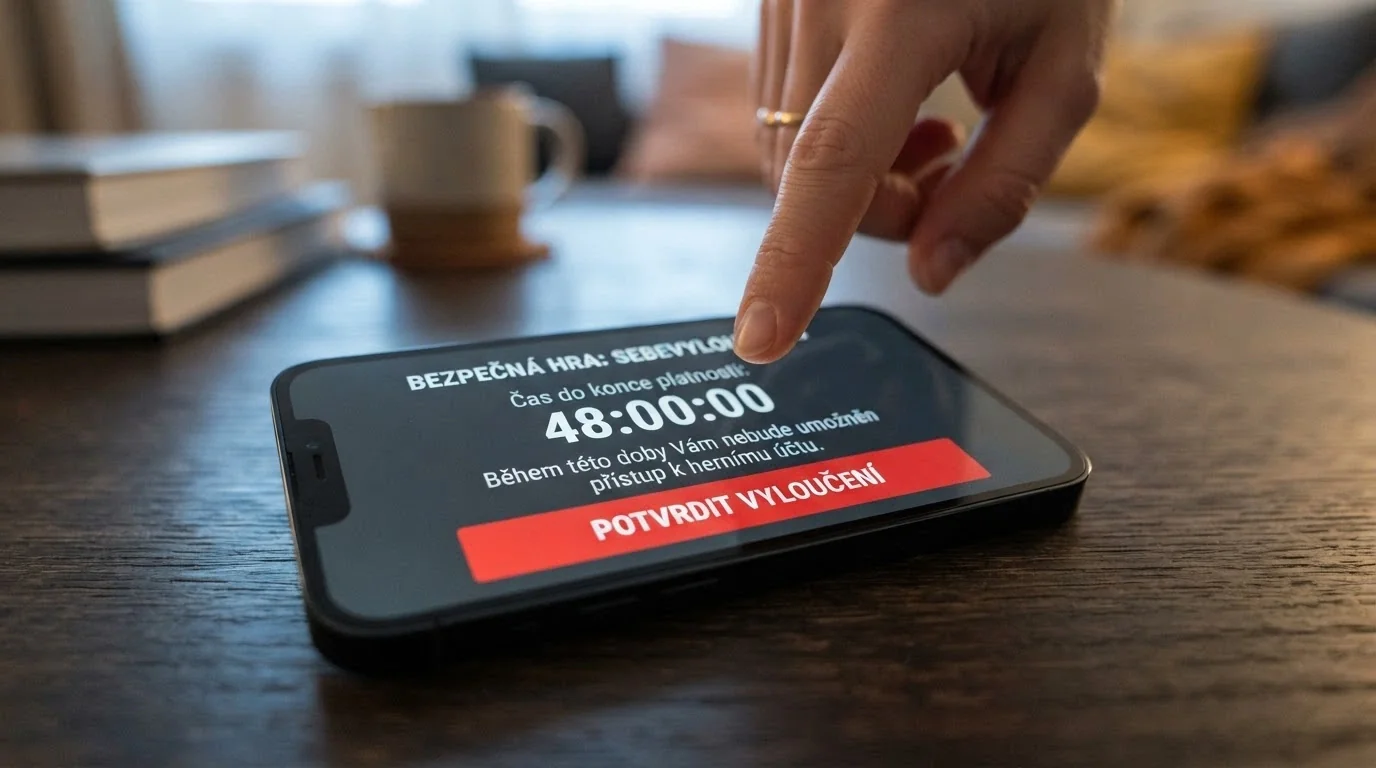 Mobilní telefon s otevřenou stránkou Panic Button a displejem ukazujícím 48hodinové vyloučení