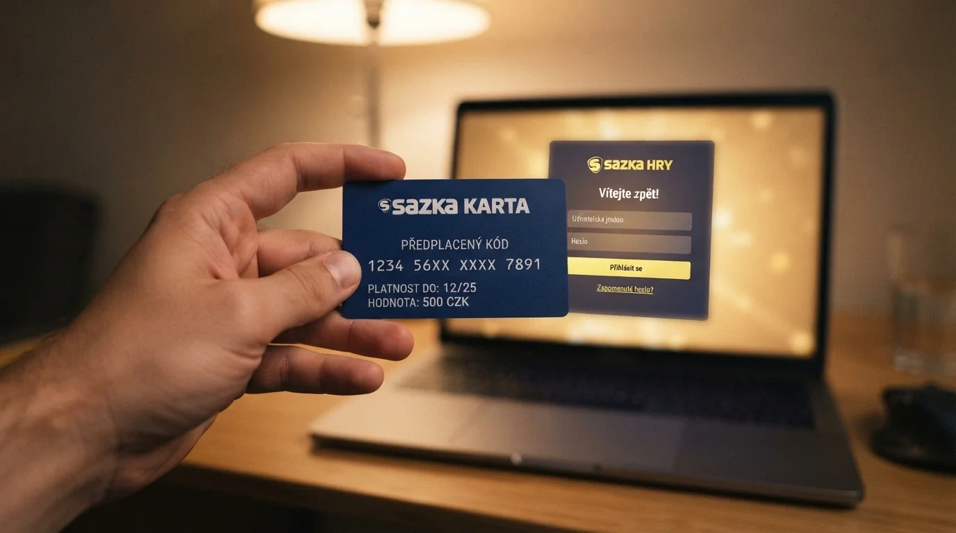 Paysafecard voucher s 16místným PIN kódem v ruce, v pozadí rozmazaná obrazovka s přihlášeným kasinem