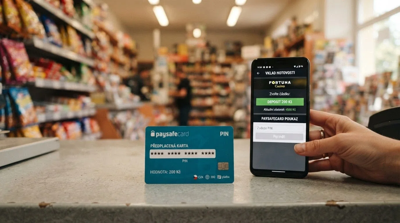 Plastová Paysafecard karta s 16místným PIN kódem vedle obrazovky s kasinem, v pozadí logo trafiky a čerpací stanice