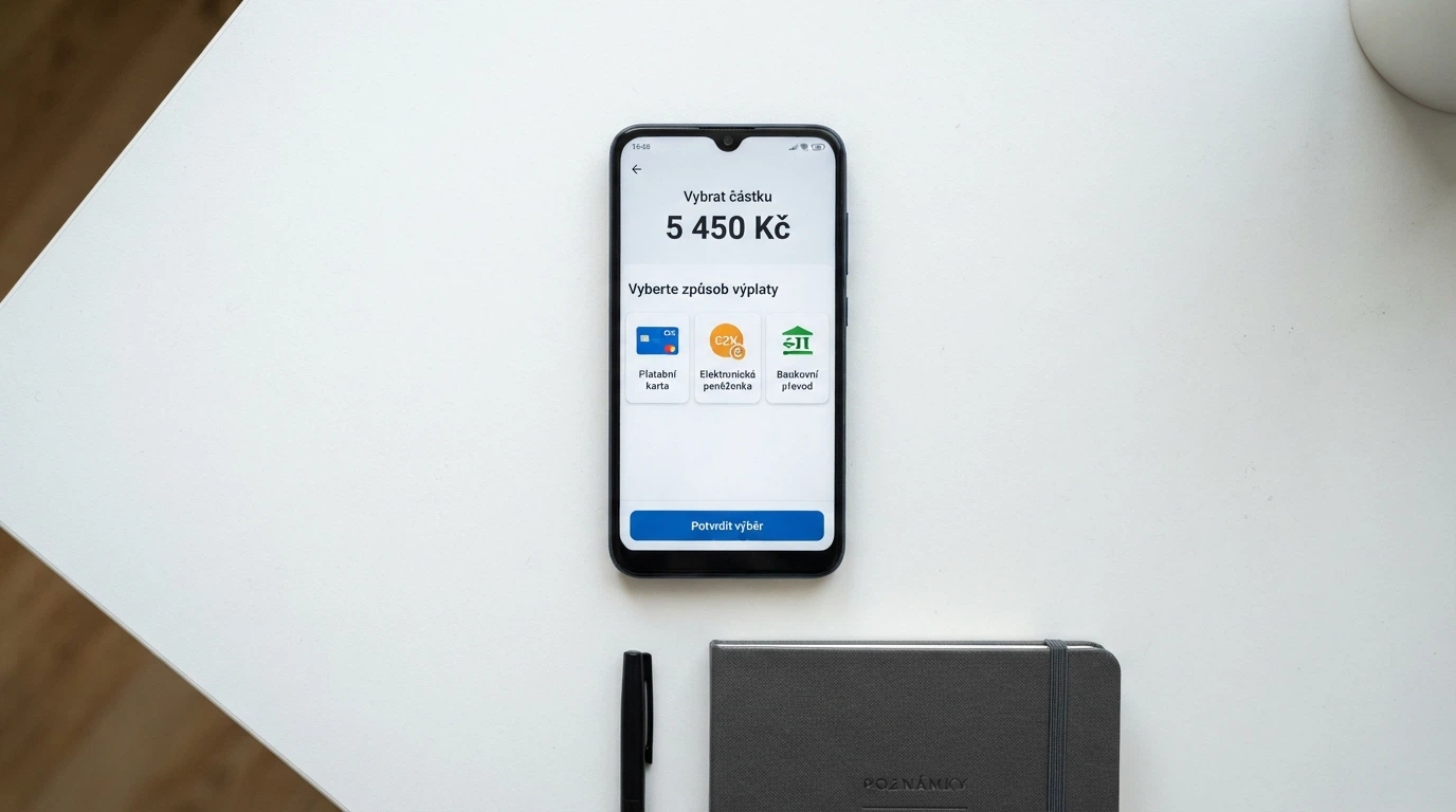 Telefon zobrazující obrazovku výběru s možnostmi platebních metod — ikony karet, Skrill, banky