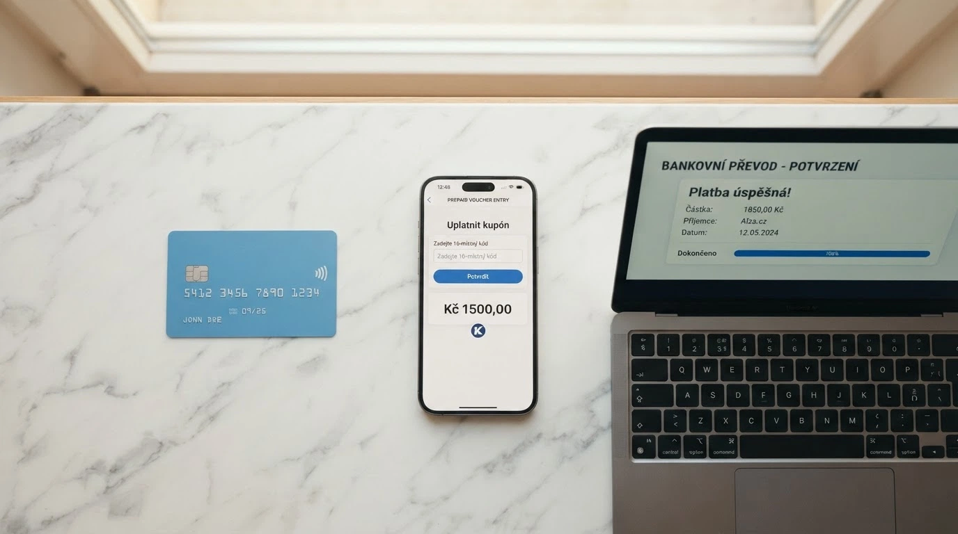 Tři platební metody vedle sebe — platební karta, mobil s Paysafecard a bankovní převod na obrazovce počítače