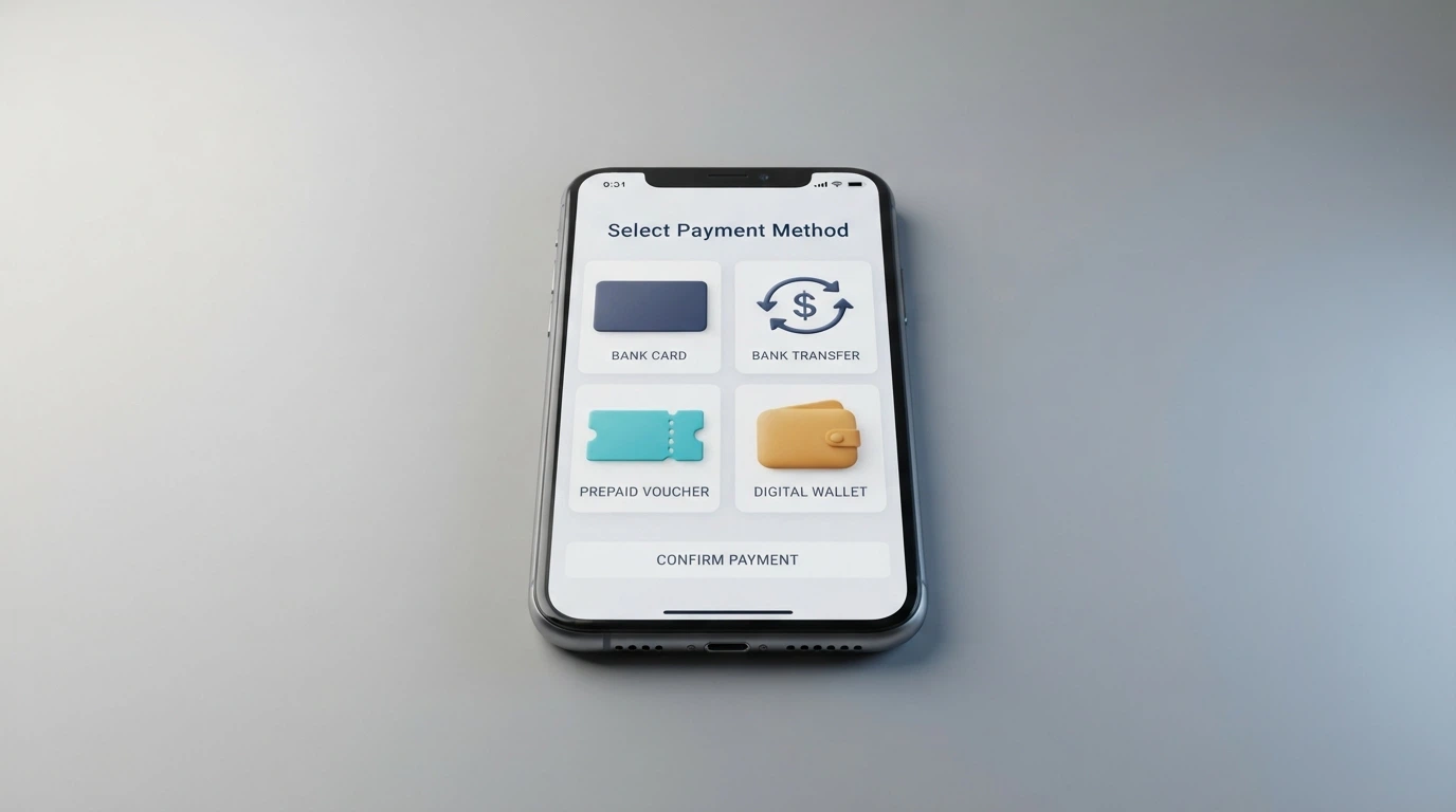 Výběr platebních metod na obrazovce casina — karta, převod, Paysafecard, Skrill