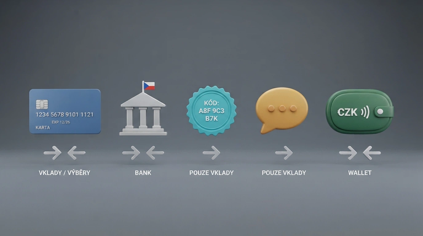 Ikony platebních metod (karta, banka, Paysafecard, SMS, e-peněženka) s orientačními časy vkladu a výběru