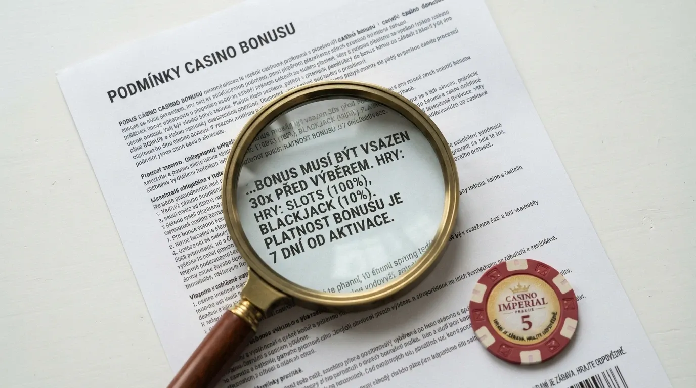 Detail bonusových podmínek v online casinu — lupa nad textem s vyznačenými pojmy: protočení, platnost bonusu, maximální sázka při protočení