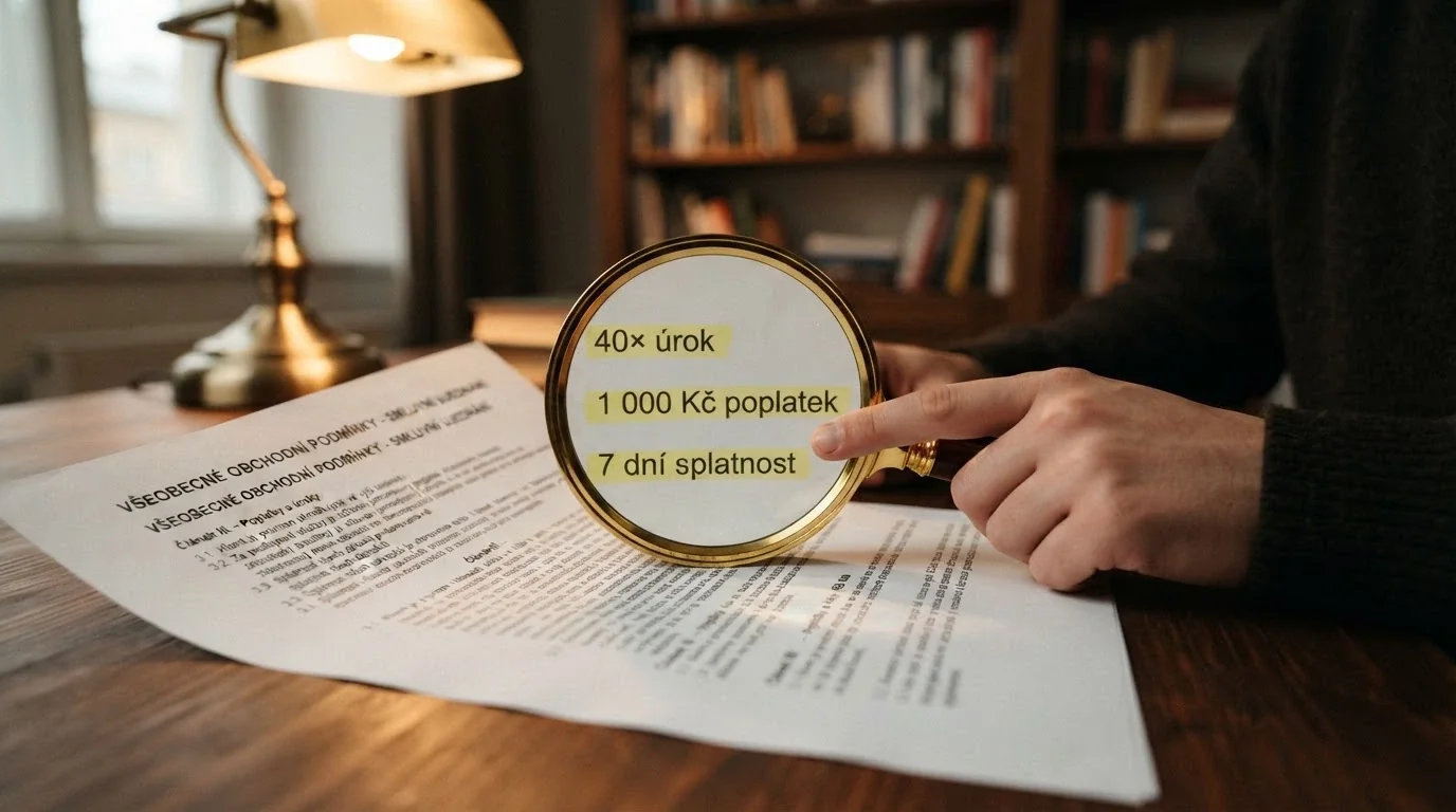 Lupa nad textem smlouvy — zvýrazněné řádky s pojmy protočení 40×, maximální výběr 1 000 Kč a platnost 7 dní