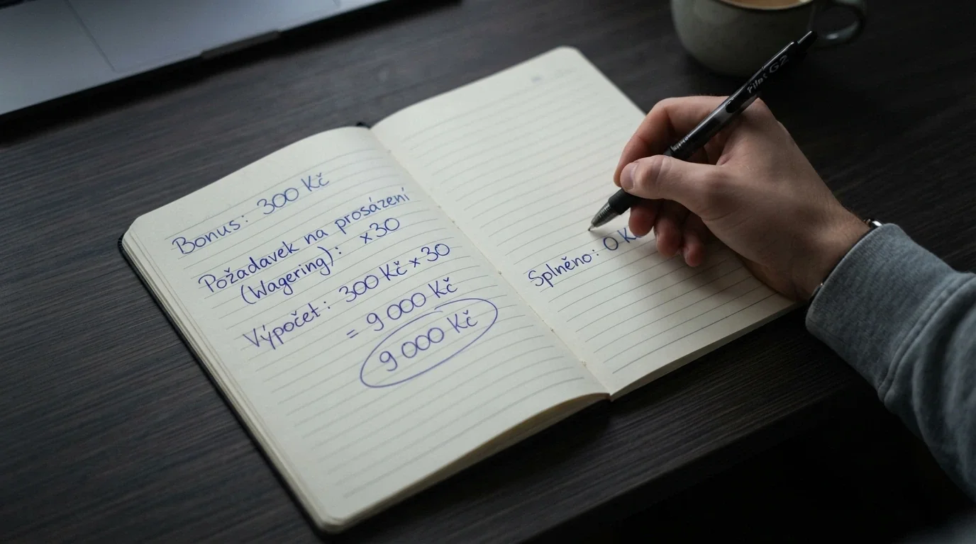 Kalkulačka nebo poznámkový blok s rozepsaným výpočtem protočení — částka bonusu × násobek
