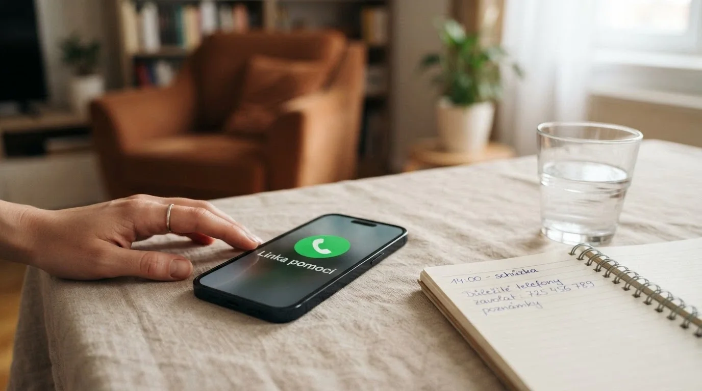 Telefon s vytočeným číslem linky pomoci, vedle zápisník s poznámkami a sklenice vody — klidná, podpůrná kompozice