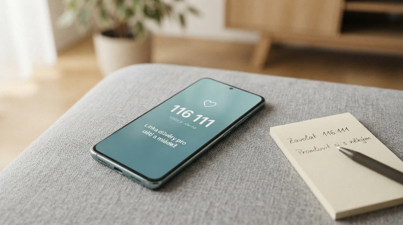 Telefon s vytočeným číslem linky pomoci a otevřenou stránkou zodpovednehrani.cz