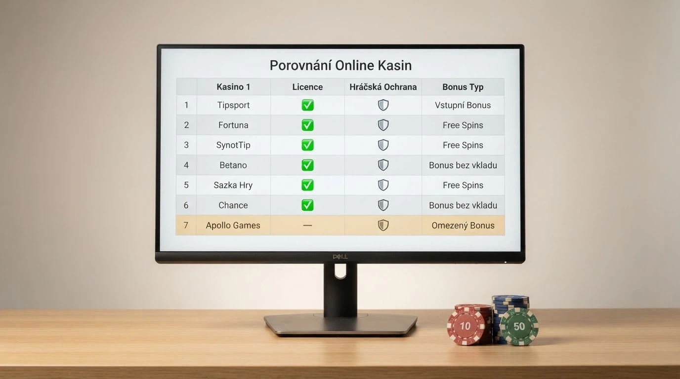 Stylizovaná srovnávací tabulka na monitoru — řádky s názvy kasin, sloupce s hodnotami bonusů a zelenými značkami u licence