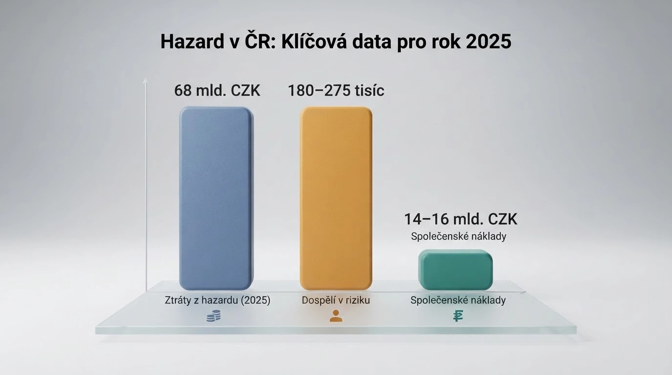 Infografika: sloupcový graf s hodnotami 68 mld. Kč (prohra 2025), 180–275 tisíc (rizikové hraní), 14–16 mld. Kč (společenské náklady)