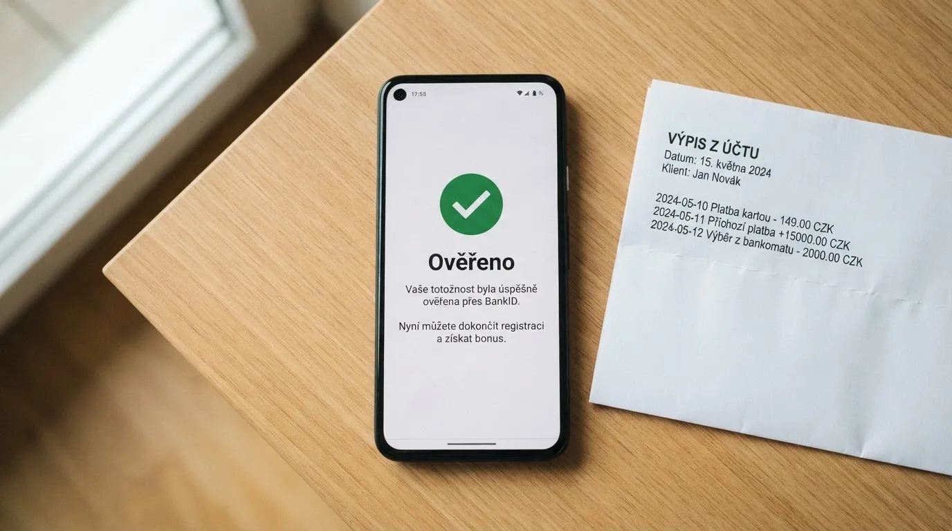 Mobilní telefon s obrazovkou BankID a dokladem totožnosti položeným vedle