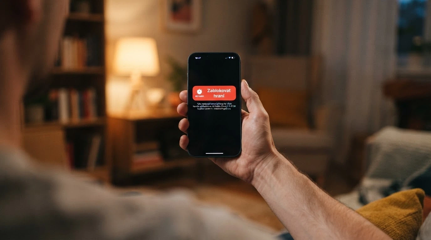 Displej mobilního telefonu s tlačítkem „Zablokovat hraní na 48 hodin“ a vedle informační ikona vysvětlující RVO