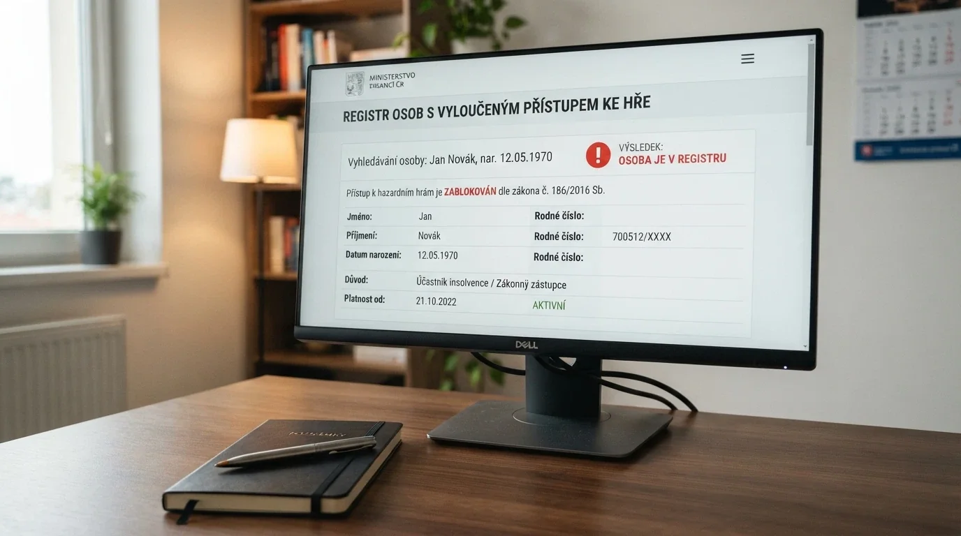 Úřední výpis s razítkem a textem Rejstřík vyloučených osob na obrazovce monitoru