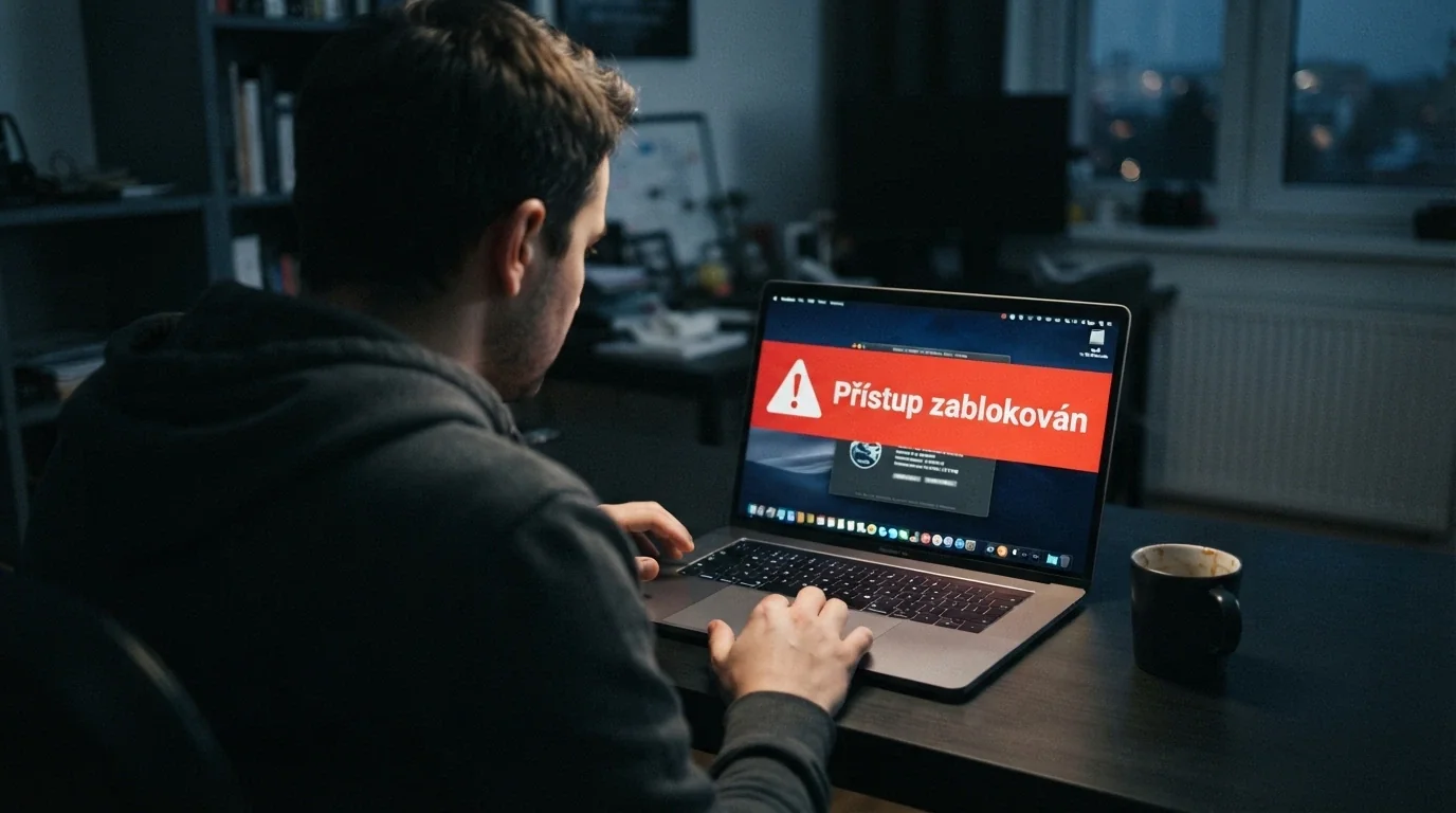 Výstražný symbol na obrazovce počítače — webová stránka s varováním o blokaci přístupu dle § 82 ZHH
