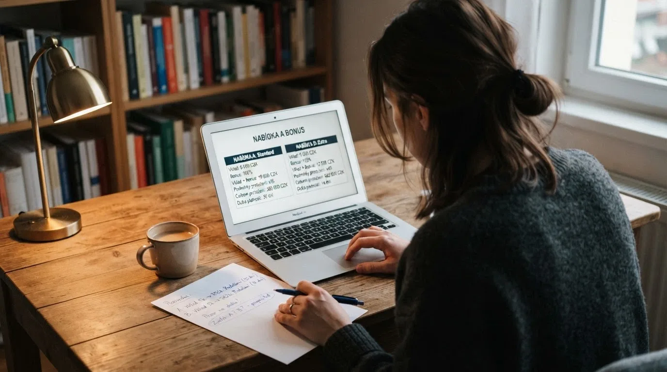 Hráč u stolu s otevřeným notebookem, vedle něj papír s propočtem hodnoty bonusu a zvýrazněným závěrem