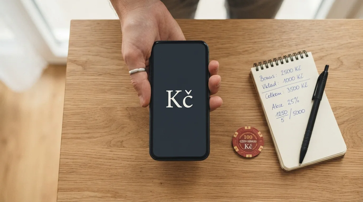 Dlaň držící telefon s kalkulačkou na displeji vedle symbolu free spinů a české koruny