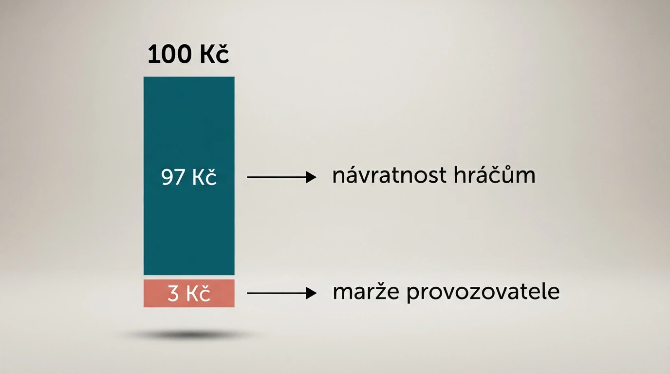 Infografika znázorňující princip RTP — ze 100 Kč vsazených se 97 Kč vrací hráčům, 3 Kč si ponechává provozovatel