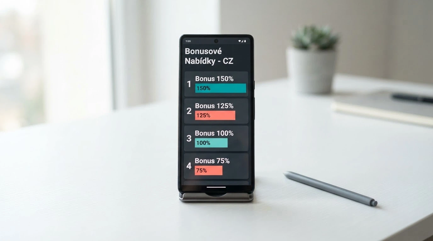 Stylizovaný mobilní telefon s překrývající se srovnávací tabulkou bonusů