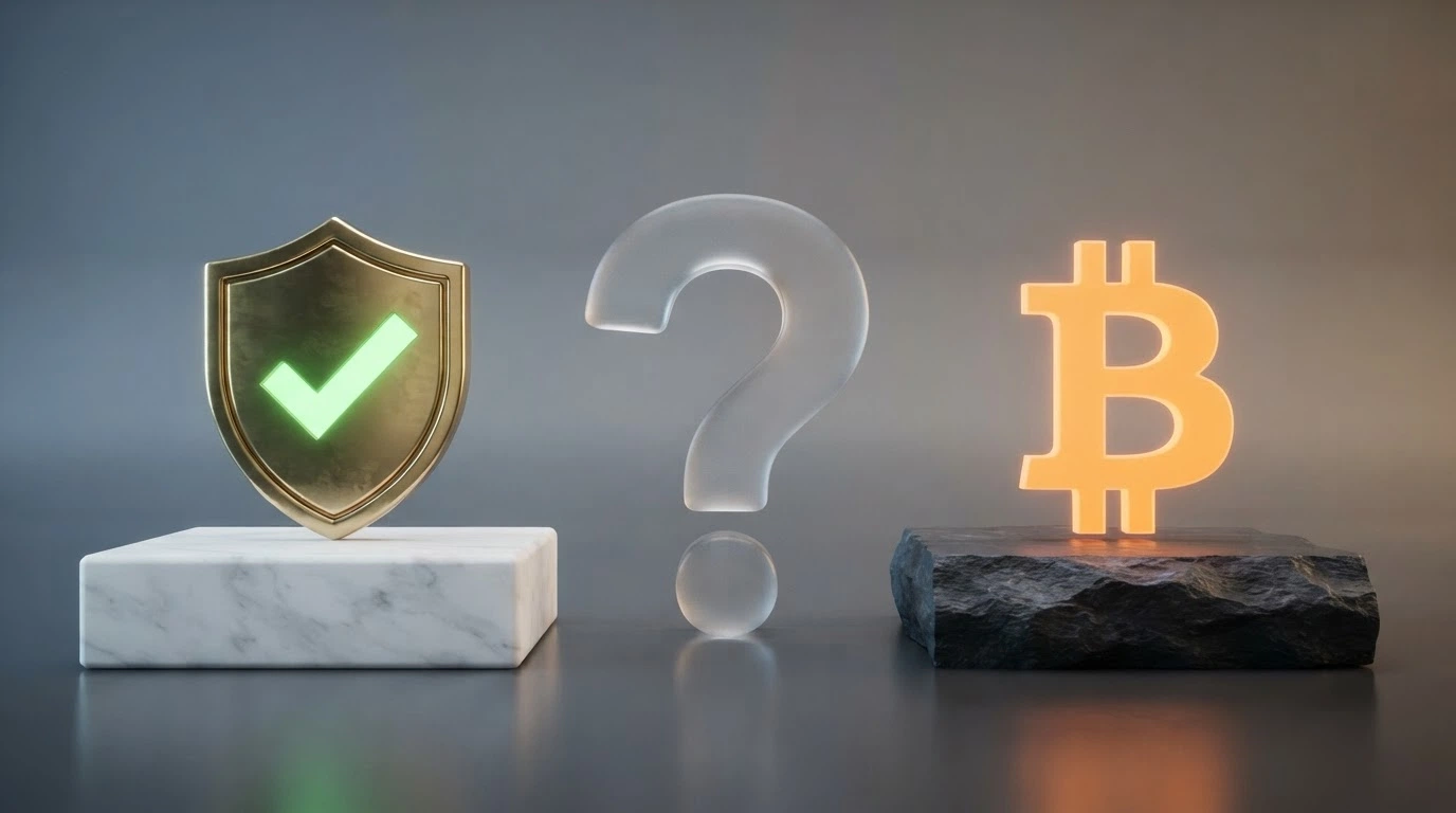Rozdělená obrazovka: vlevo logo MF ČR a české licence, vpravo bitcoin a logo Curaçao eGaming — uprostřed otazník