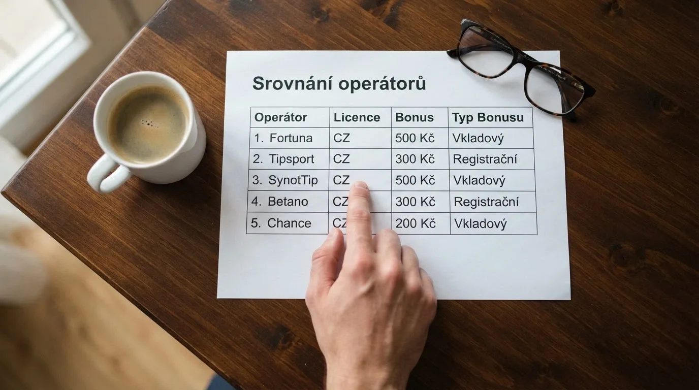 Srovnávací tabulka s logy hodnocených operátorů, hodnotami bonusů a licenčními údaji