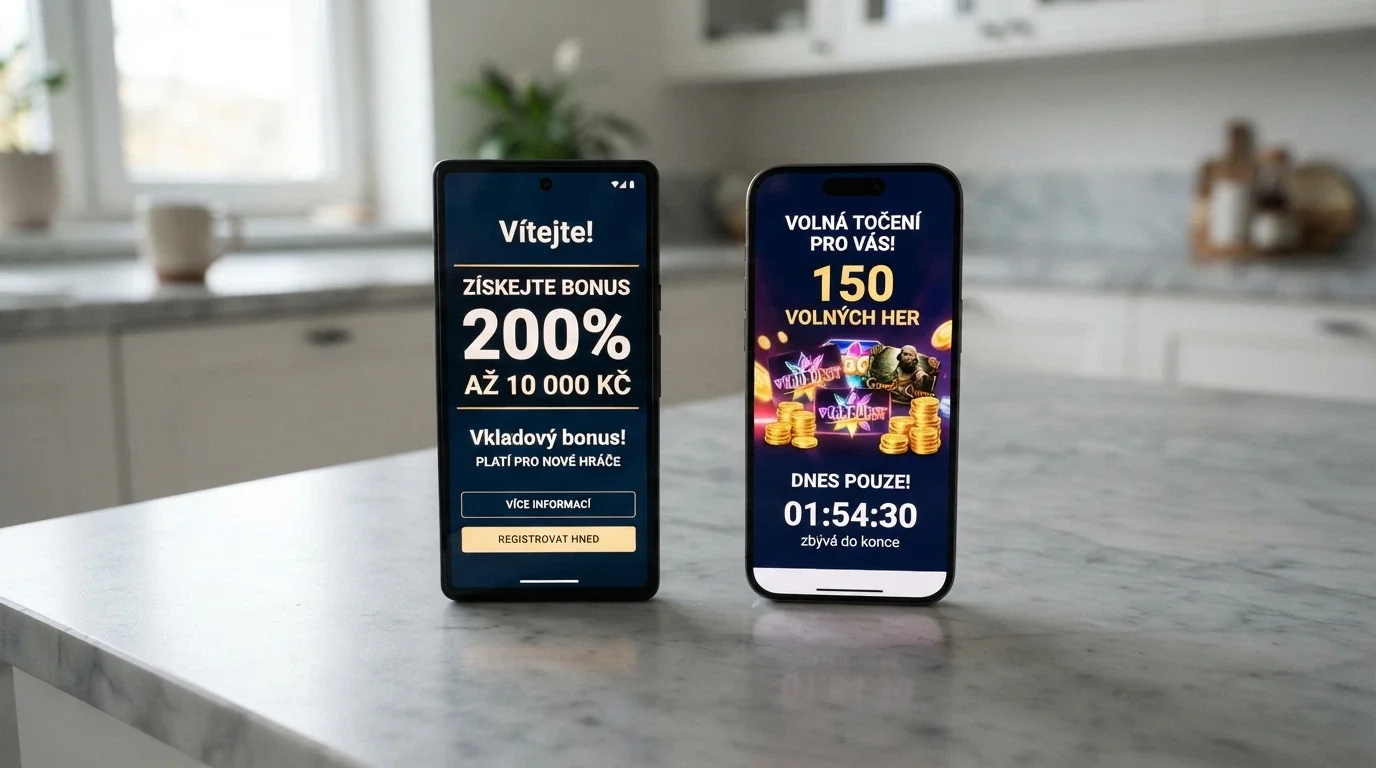 Rozložené mobilní telefony zobrazující různé uvítací nabídky českých kasin vedle sebe