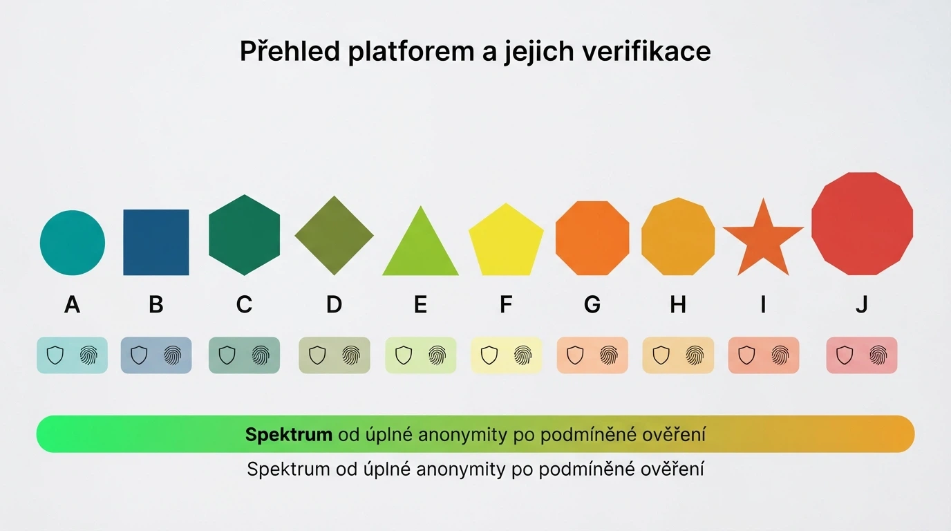 Rozcestník deseti logotypů krypto kasin seřazených vedle sebe — každé s vlajkou licence a ikonou KYC