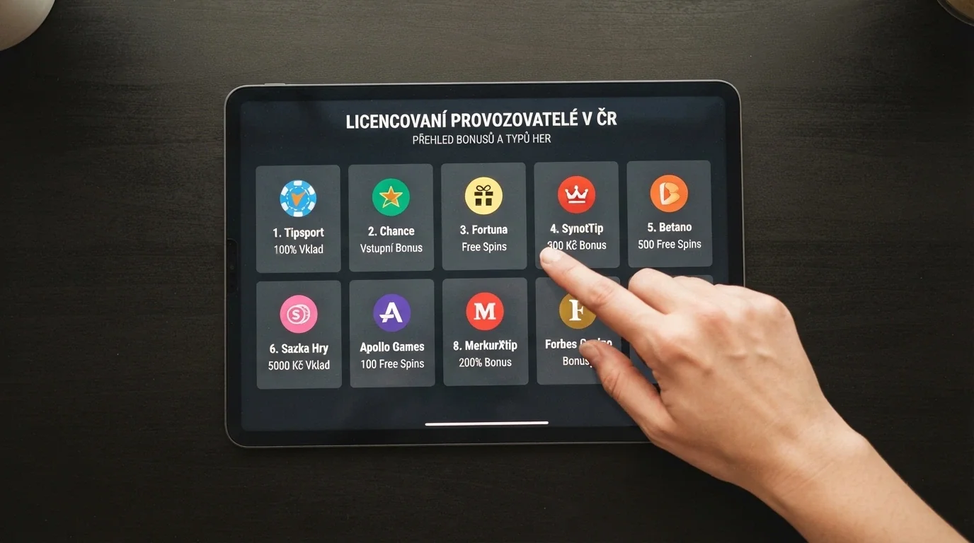 Rozcestník s logy deseti licencovaných českých online casin seřazených do přehledné mřížky
