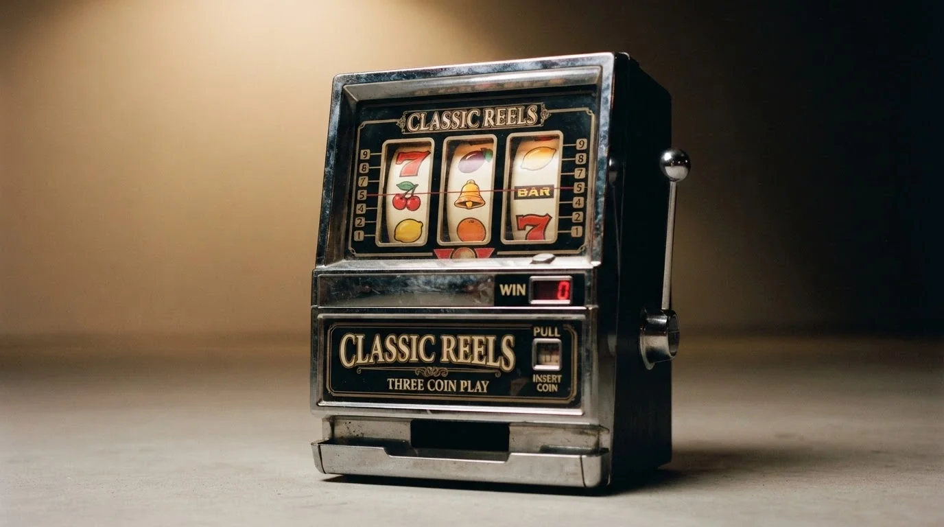 Klasický tříválcový automat s ovocnými symboly — třešně, citrony, sedmička — na světlém pozadí