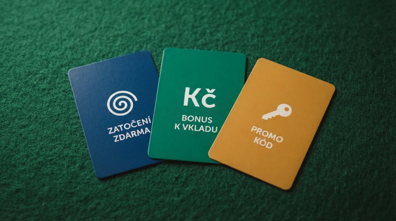 Rozložené herní karty, na nich symboly free spinů, částky v korunách a ikona promo kódu
