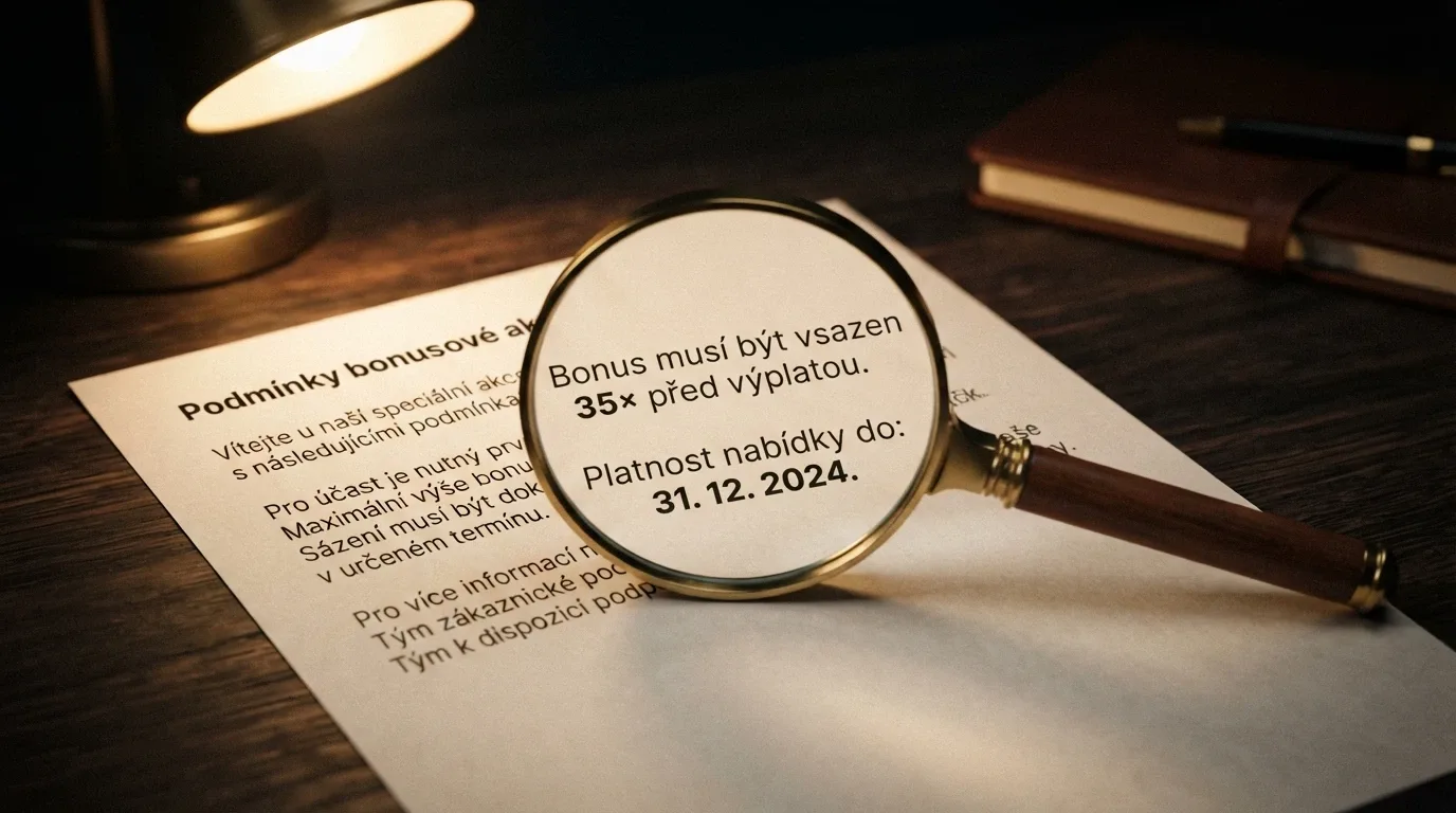 Detail bonusových podmínek — lupa nad textem smlouvy zvýrazňující čísla wageringu a časového limitu