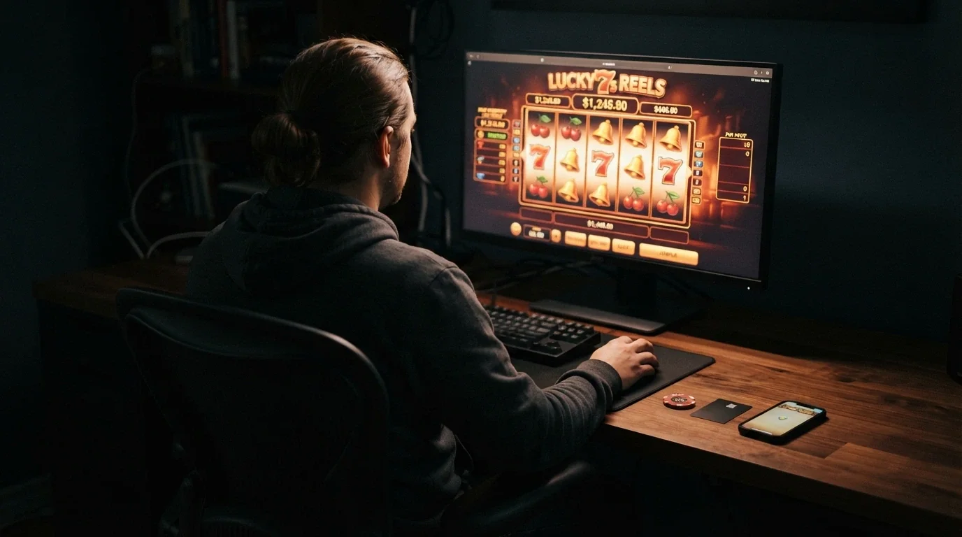 Hráč před monitorem s otevřenou casino aplikací a zamýšleným výrazem, v pozadí tři cesty — ikona dema, ikona aplikace, ikona bonusu